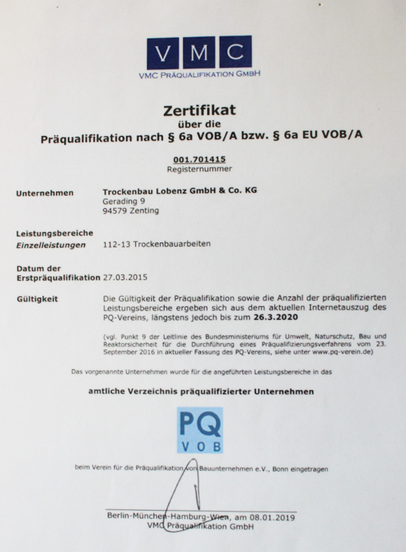 Zertifikat Lobenz Trockenbau + Innenausbau
